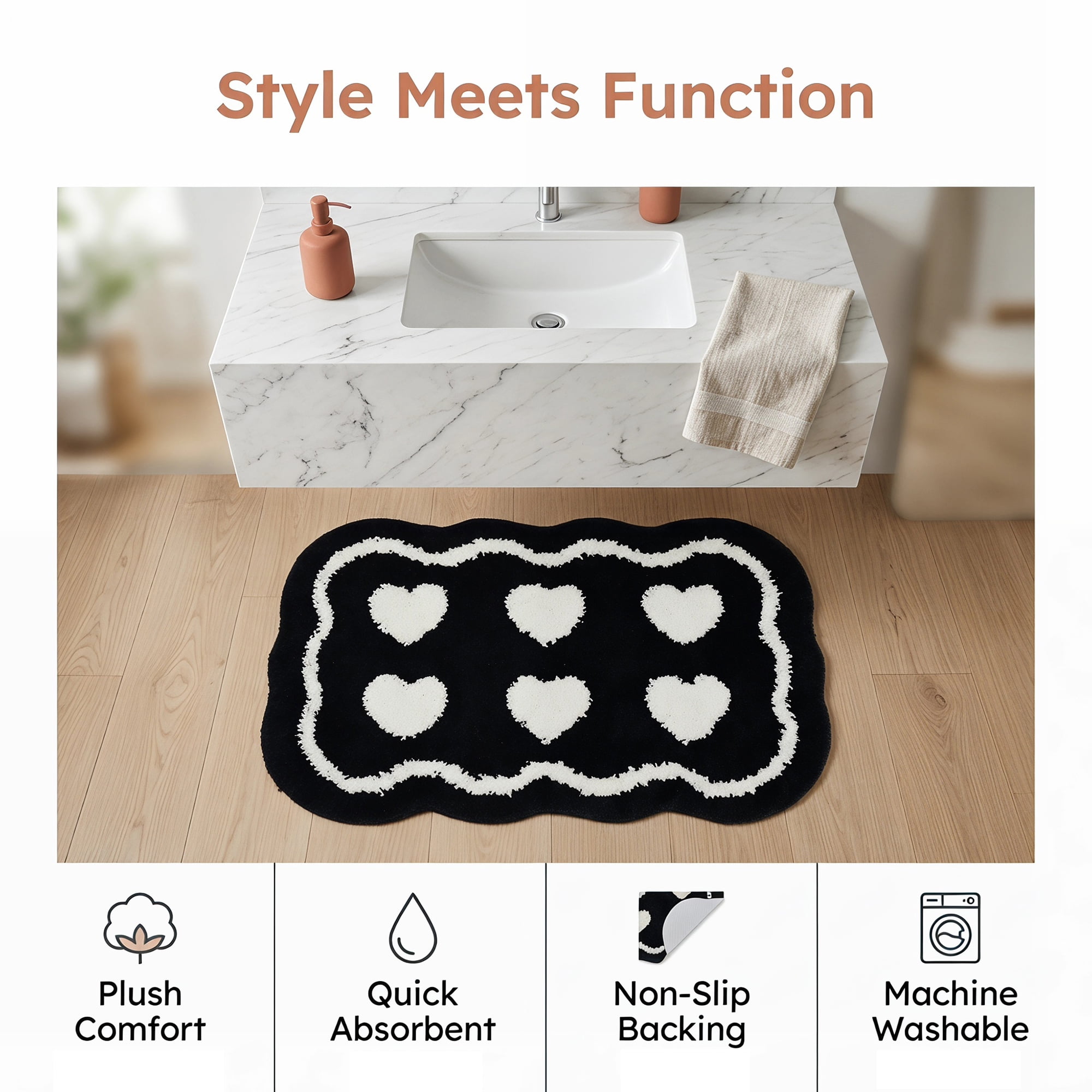 Unique Bargains Aesthetic Ultra Absorbent Shaggy Non Slip Bath Mat Black Heart 32" x 20"