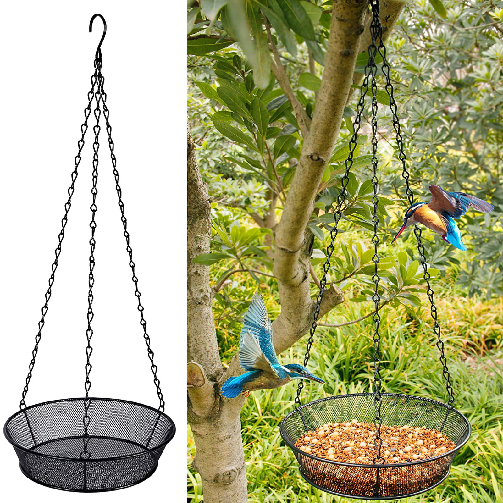 GB-6890 Hanging Bird Feeder Tray Strong Double-Loop Chains Steel Platform Dish 