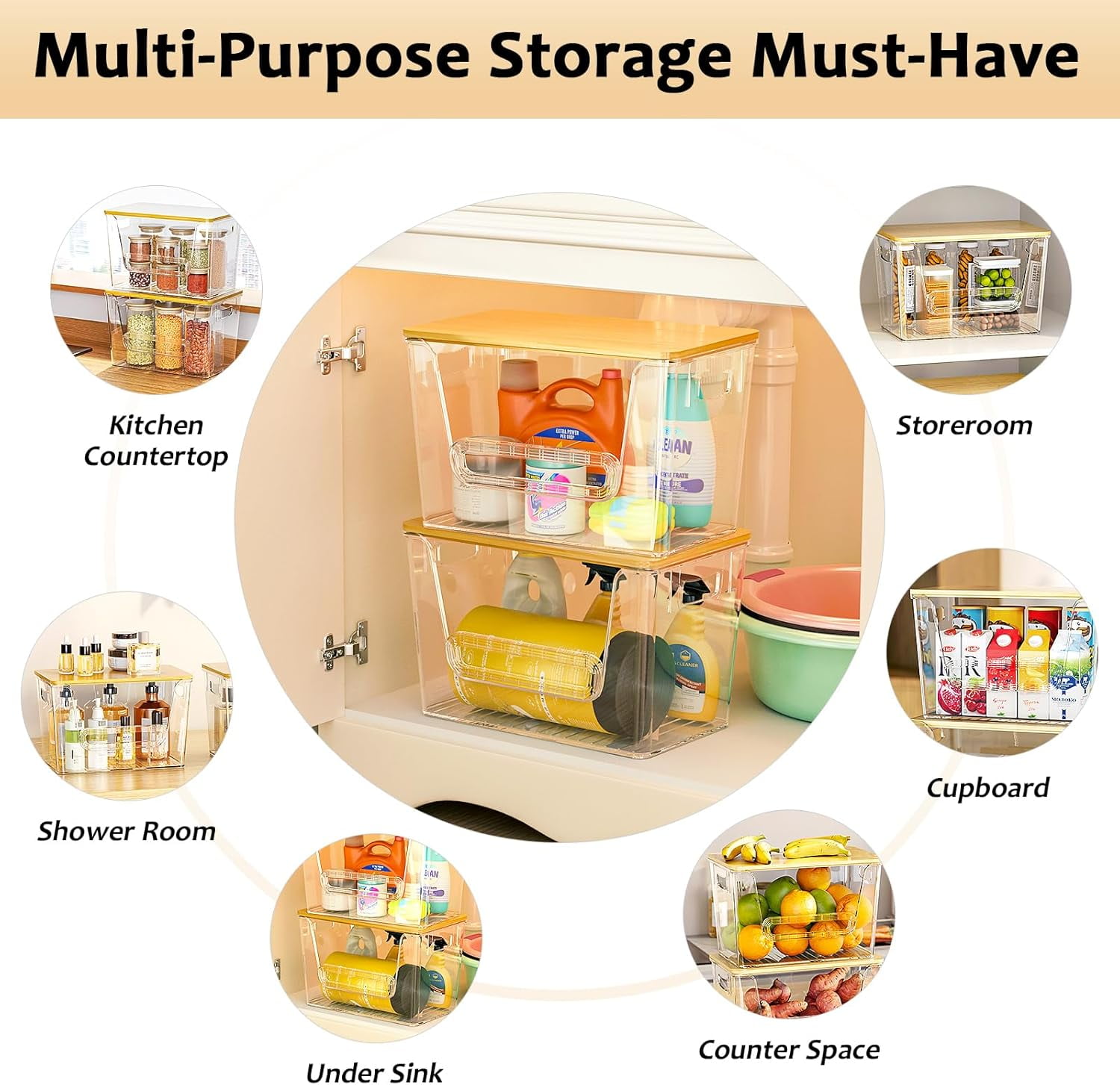 Potato Storage Bin, LazySpin Onion Holder Stackable Kitchen Pantry Organizer with Bamboo Lid 2 Pack, Clear