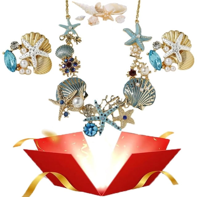 Collar de perlas de estrella de mar de concha, collar de perlas de estrella de mar boho, collar con colgante de océano, regalo de joyería para mujeres (azul-D)