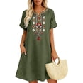 thumbnail image 2 of Women's Boho Dresses Embroidered V Neck Short Sleeve A Line Dress Loose Midi Dress with Pockets Vacation Summer Outfits Green S, 2 of 6
