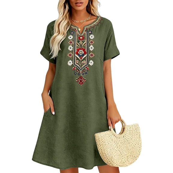 Uscallm Women's Plus Size V Neck Short Sleeve Embroidery Boho Mini Dress Casual Loose A-Line Mini Dresses for Party, Green S