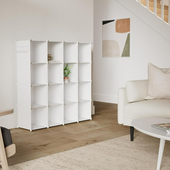 Cube Storage Organizer, 16-Cube Shelves Units, Plastic Storage Cubes,  Closet Organizer, Modular Closet Storage Shelves Ideal for Home, Bedroom, 48.4" L × 12.4" W × 48.4" H Milky