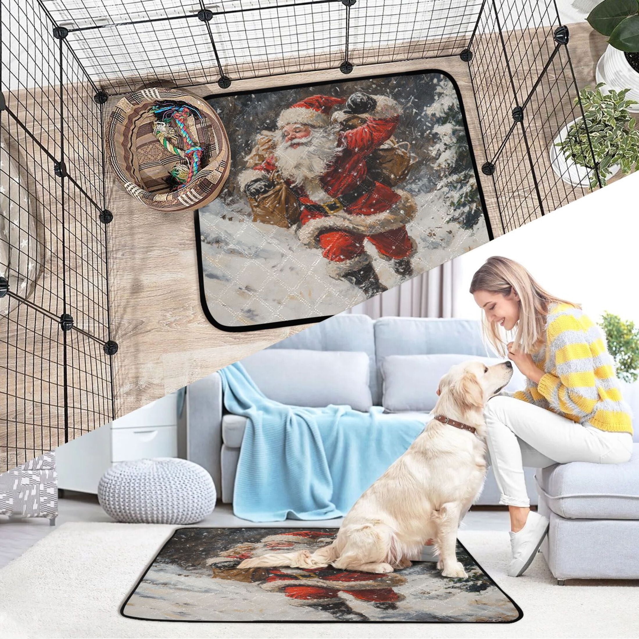 Qxltty Santa Claus Delivers Gifts in The Snow Cat litter Pads Pet Set of 3 Diaper Mats Center Anti-leakage Layer Absorbent Soft and Comfortable