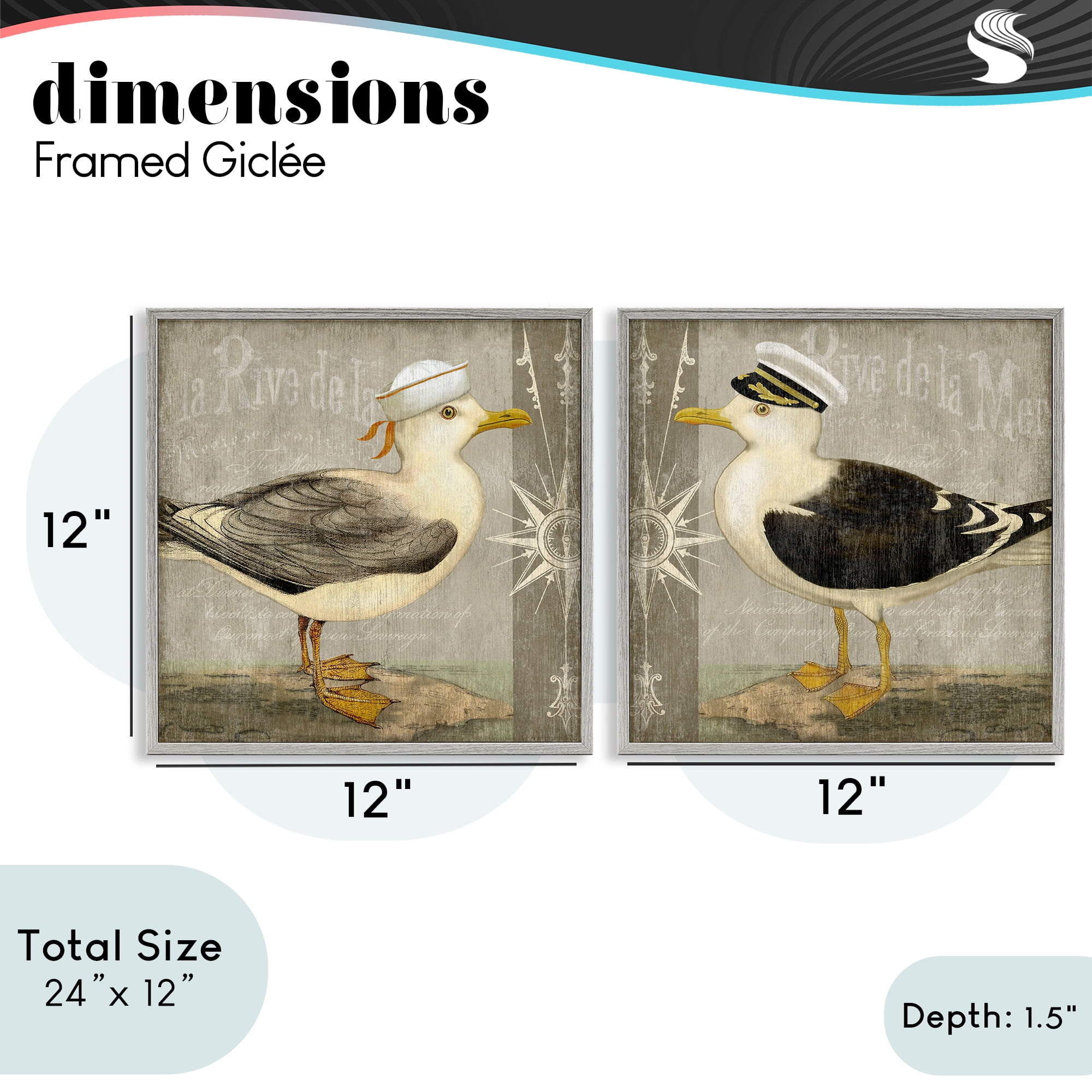 Stupell Industries Little Seagulls with Hats 2 Piece Gray Framed Giclee Art Set, design by Suzanne Nicoll