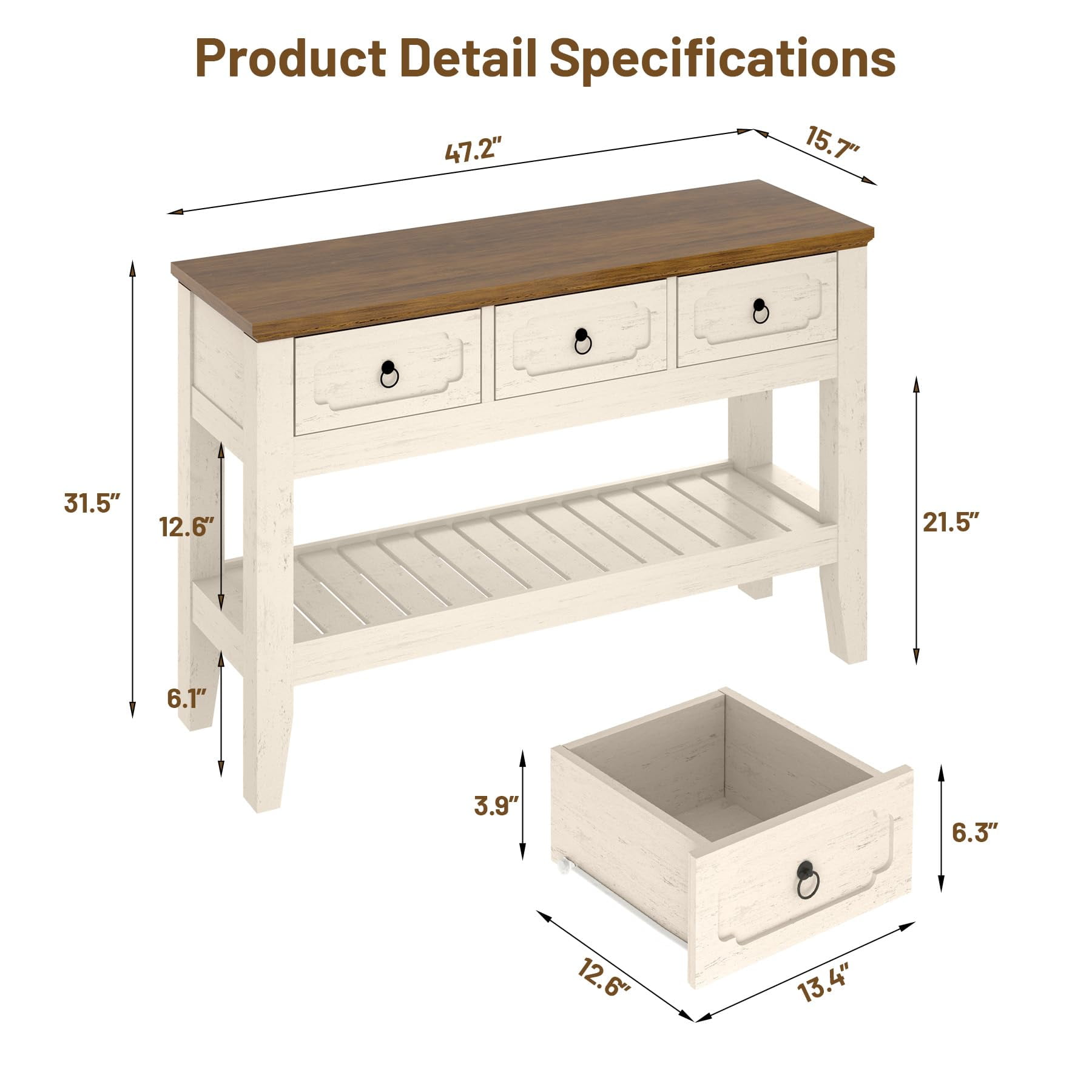Danolapsi 47" Console Table with Drawers, Farmhouse Rustic Entryway Table with Bottom Shelf and Solid Wood Legs for Entryway, Living Room, Entrance, Foyer, Easy Assembly