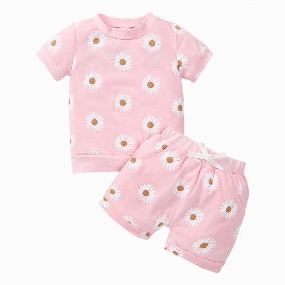 Ymyiu Cute Summer Outfits for Kids Toddler Baby Girl Clothes Short Sleeve T-Shirt Top Shorts Outfits 2Pcs Set 12 Months(Pink, 12 Months)