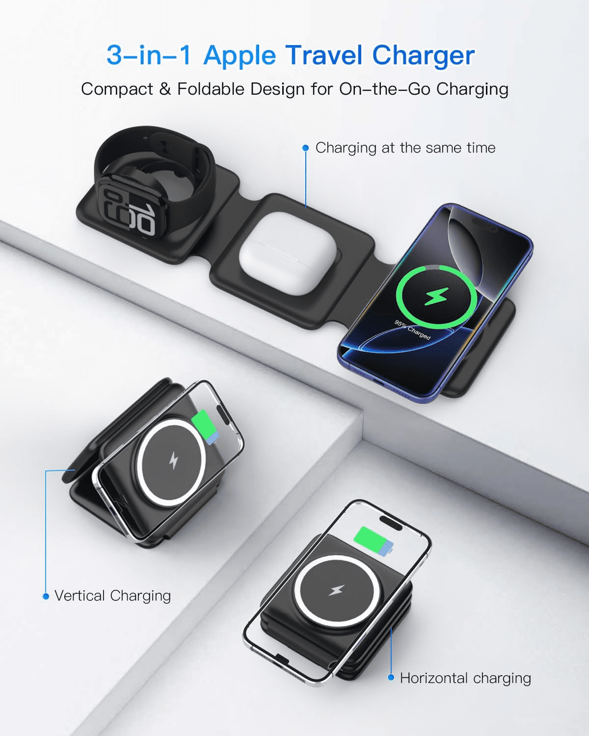 Charging Station for Apple Multiple Devices - Travel Charging Pad for iPhone 12-17 Pro Max Plus Watch & Airpods（Black）