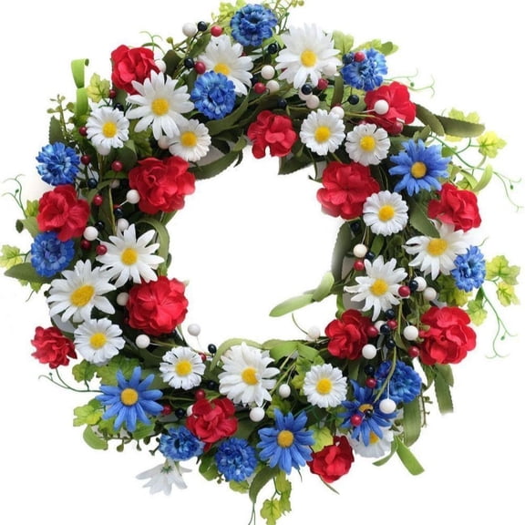 KYAIGUO Simulation Wreath for Front Door, Wreath Decor Red, White and Blue Flowers Artificial Wreath for Home Outdoor Indoor