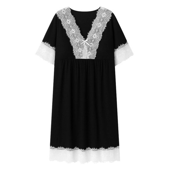 Wdfiry Women Casual V Neck Nightdress Short Sleeve Plus Size Lace Nightgowns & Sleepshirts Homewear