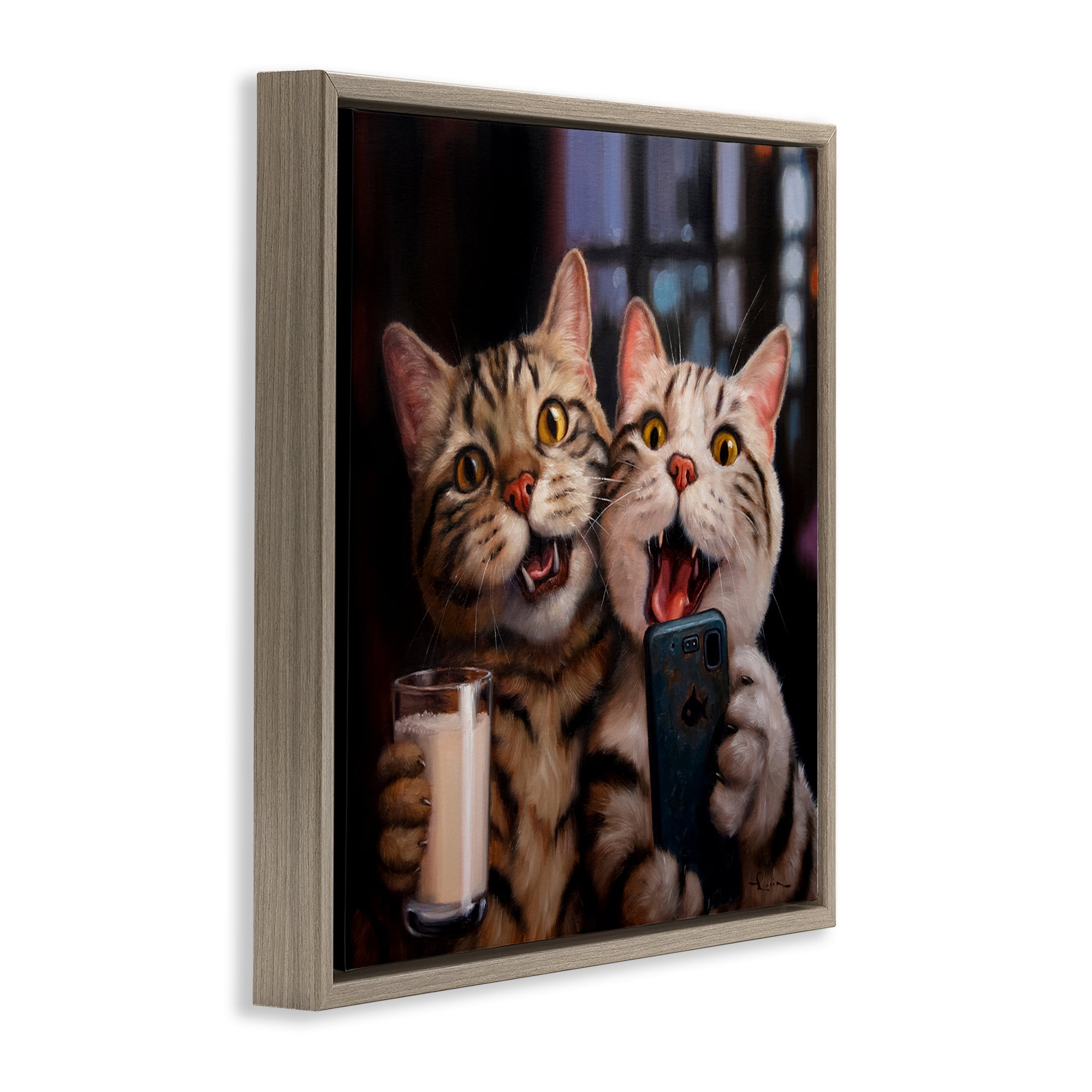 Stupell Industries Happy Selfie Cats Animals Painting Brown Floater Framed Canvas Art Print Wall Art, 18 x 18