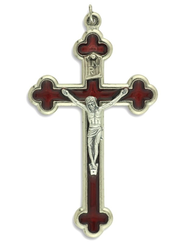 Orthodox / Byzantine Crucifix Cross Red Enamel - 3-1/8" Rosary Crucifix