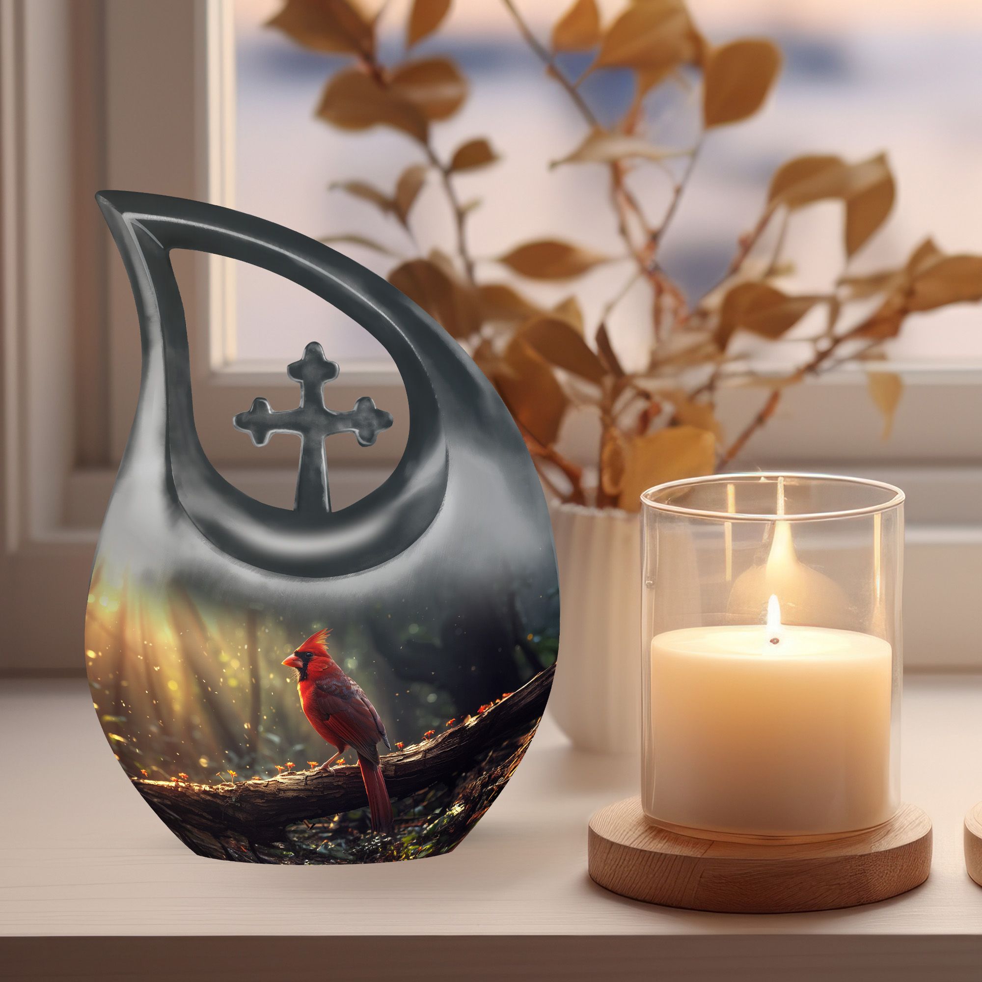 MUKTIVE Cardinal Burial Urns for Adult Male, Combo Sets Black Cremation Urns for Human Ashes Adult Female, Decorative Bird Urn, Funeral Urn for Human Ashes, (1 Large 10 ", 4 Keepsake 3 ")
