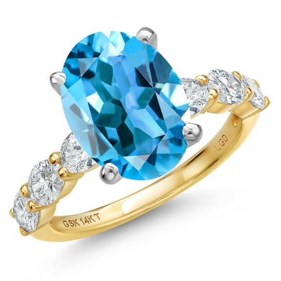 Gem Stone King 14K Two Tone Gold Swiss Blue Topaz and Lab Grown Diamond Engagement Ring for Women | 7.20 Cttw | Oval 12X10MM | Gemstone November Birthstone | Size 5