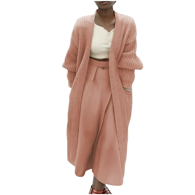 Yuyuzo Cardigan Sweaters for Women Long Sleeve Open Front Knit Solid Color Mid-Long Sweater Fall Winter Cardigan