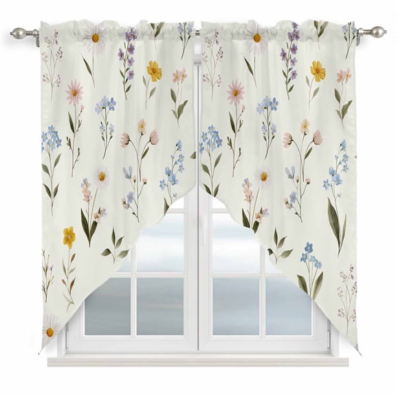 Spring Floral Swag Curtains for Kitchen/Bedroom/Living Room, Watercolor Summer Elegant Botanical Scalloped Curtains 63 Inch Long, Rod Pocket Window Swag Topper Curtains Valances 2 Panels Set 36"x63"