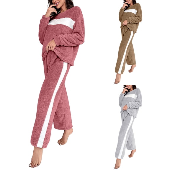 YOIAVAIOY Womens Plus Size Lounge Sets Fuzzy Fleece Pajama Set Striped Pullover Top and Elastic Waist Pants 2 Piece Sleepwear Sets Brown XXXL