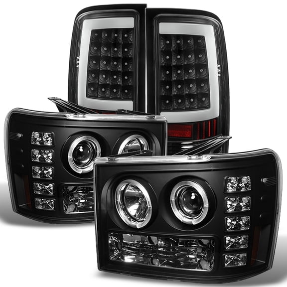 AKKON - For GMC Sierra [Dual LED Ring] Black Bezel Headlight   [C-SHAPE LED] Tail Brake Lights Lamp Set