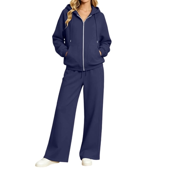 Women's 2 Piece Lounge Set Zip Up Hoodie and Wide Leg Sweatpants, Relaxed Casual Fall Travel Outfit with Front Pockets Matching Tracksuit Sweatsuit Set, L