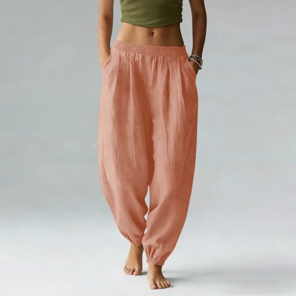 Cagogo Women's Harem Pants Elastic Waist Flowy Solid Boho Lounge Long Pants Party Travel Casual, Gold S
