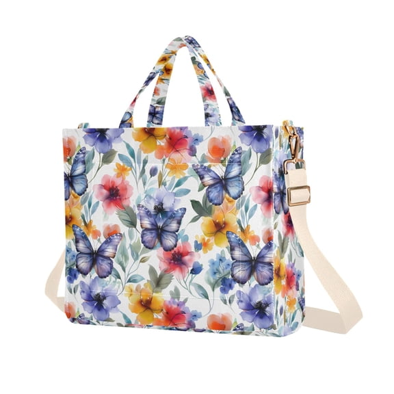 FORMRS Womens Corduroy Tote Bag Crossbody Shoulder Purse Handbag with Detachable Strap, Watercolor Flowers Pattern