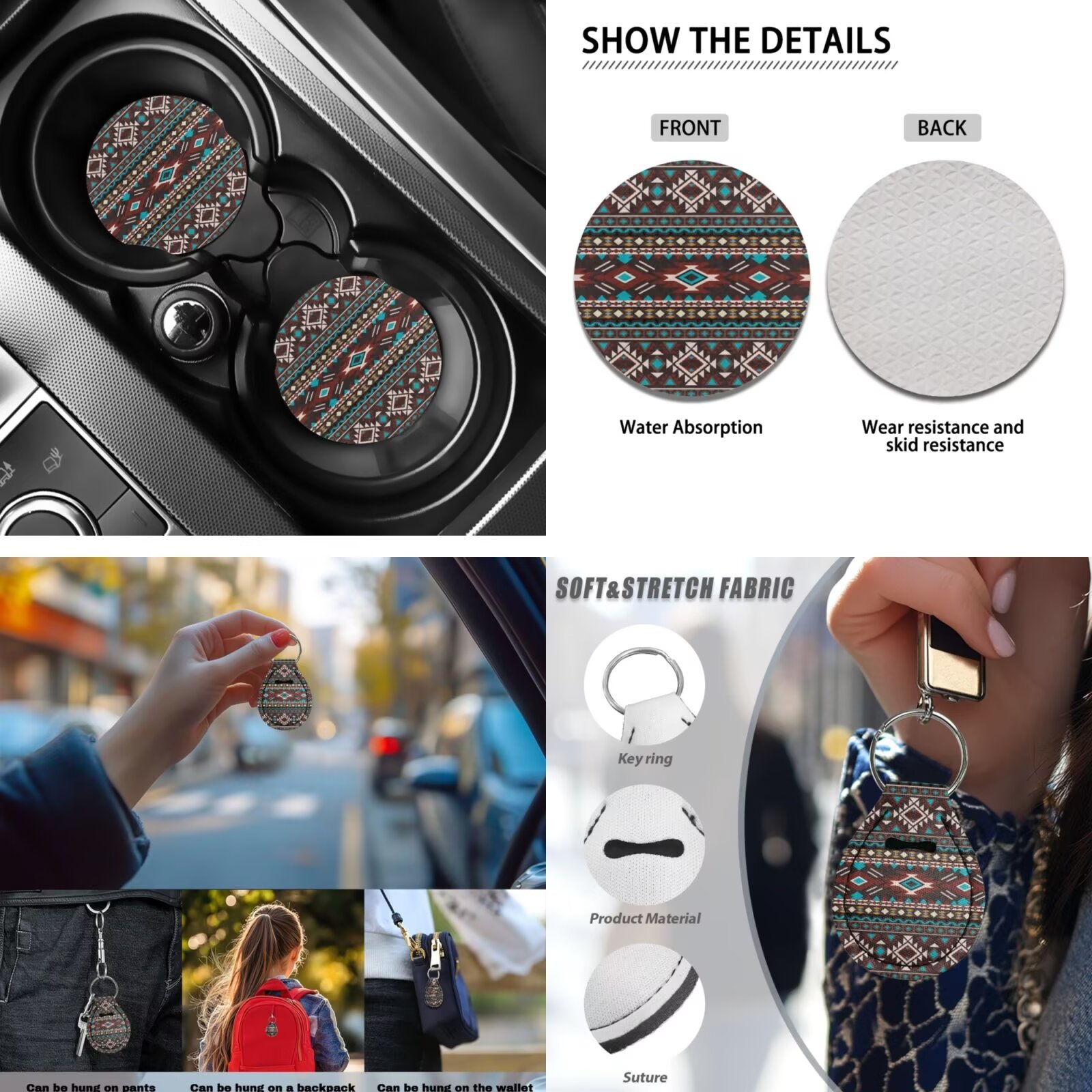 Garronmavis Aztec 13-Piece Car Accessory Set Includes Front and Rear Seat Covers Armrest Cover Pad Steering Wheel Cover Key Fob Coaster Lipstick Cover