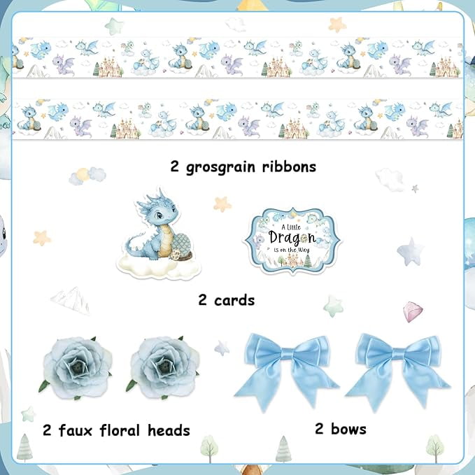 Dragon Theme Baby Shower Diaper Cake Decorations, Hatching Soon Baby Shower Cards Grosgrain Ribbon Dragon Printed, Blue Bows Artificial Camellia Flowers for Party Decor