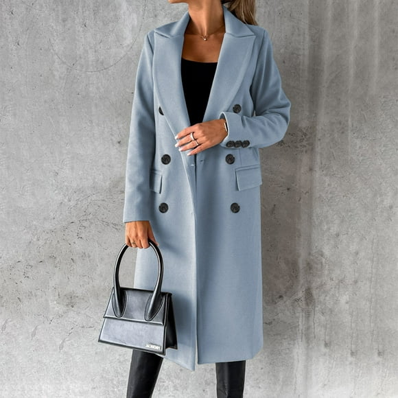IROINID Women's Casual Long Coat Peak Lapel Solid Color Trench coat Long Sleeve Outwear, Sky Blue