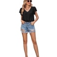 thumbnail image 3 of Blusa de verano transpirable con manga con volantes y cuello en V de manga corta para mujer para compras diarias en citas Negro XXL, 3 of 6