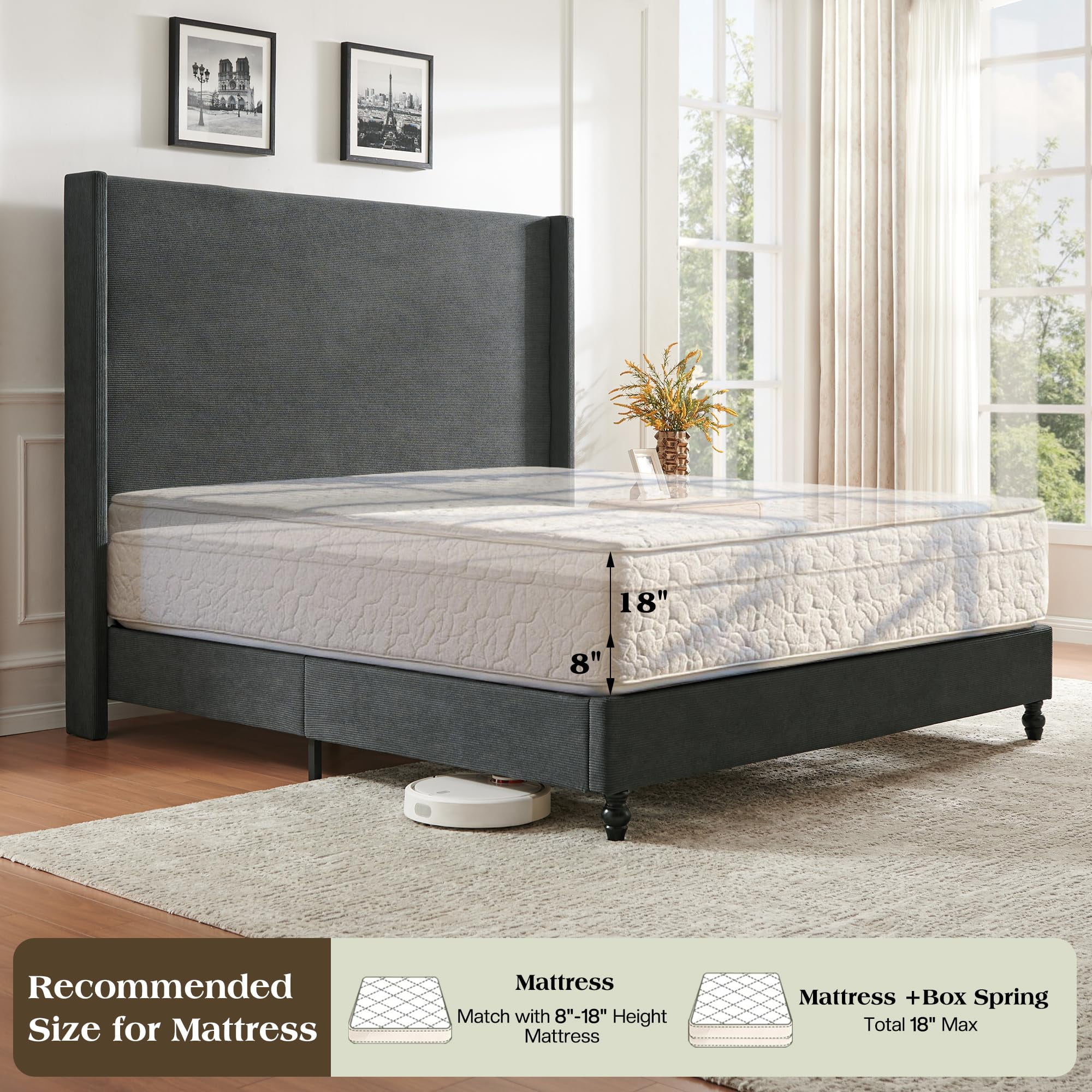 VanAcc King Bed Frame with 65" Tall Headboard, Horizontal Fine Corduroy Bed Frame with Upholstered Wingback, Vintage Solid Wood Gourd Legs, Black