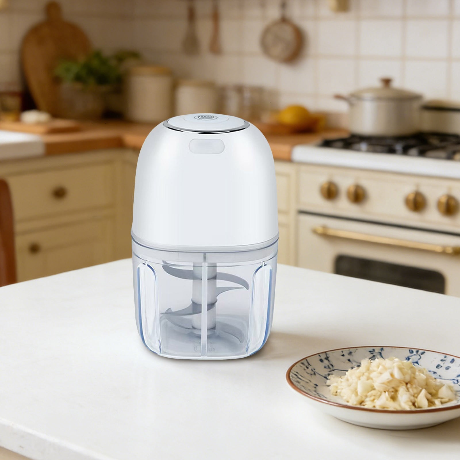 VMWMSSR High-Efficiency Garlic Chopper Electric, Easy Clean Mini 350Ml Food Processor, One-Touch Design Stainless Steel Blade Food Grinder For Kitchen, Camping & Travel Use White-14cm