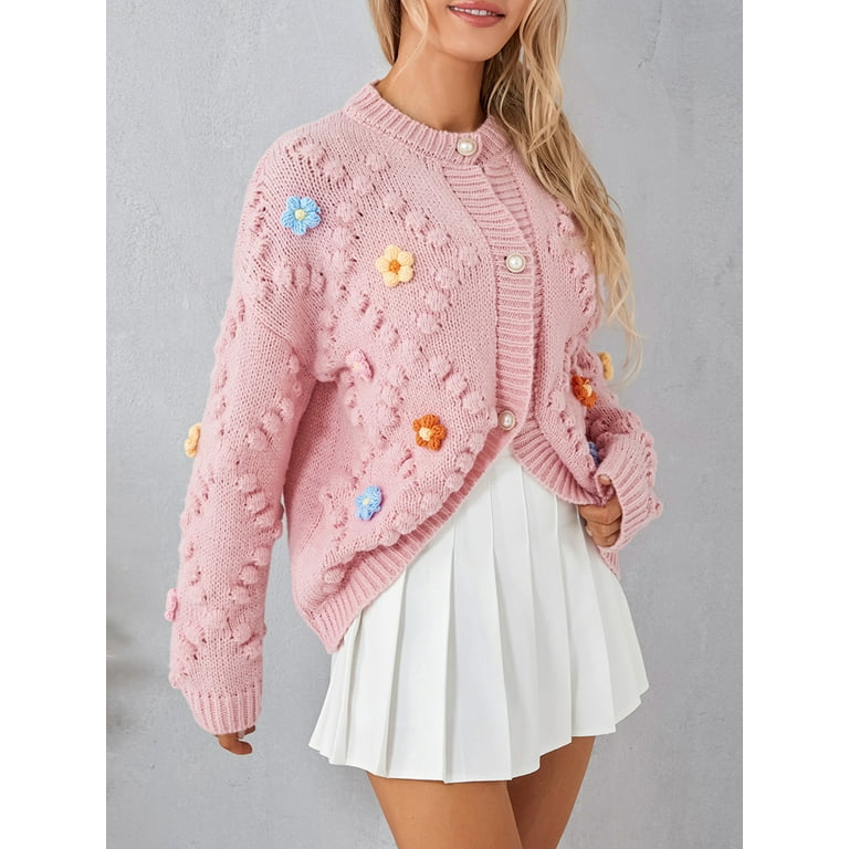 ELF Women Handmade Crochet Cardigan 3D Flower Embroidery Long