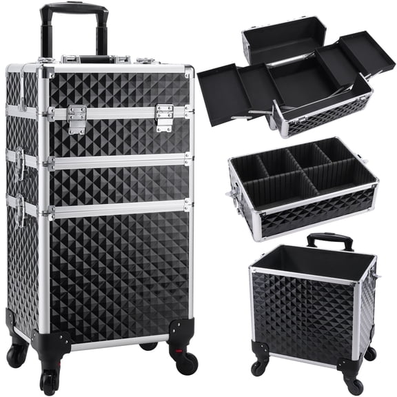 3 in 1 Rolling Makeup Train Case Large Cosmetic Trolley Box Lockable Salon Barber Case