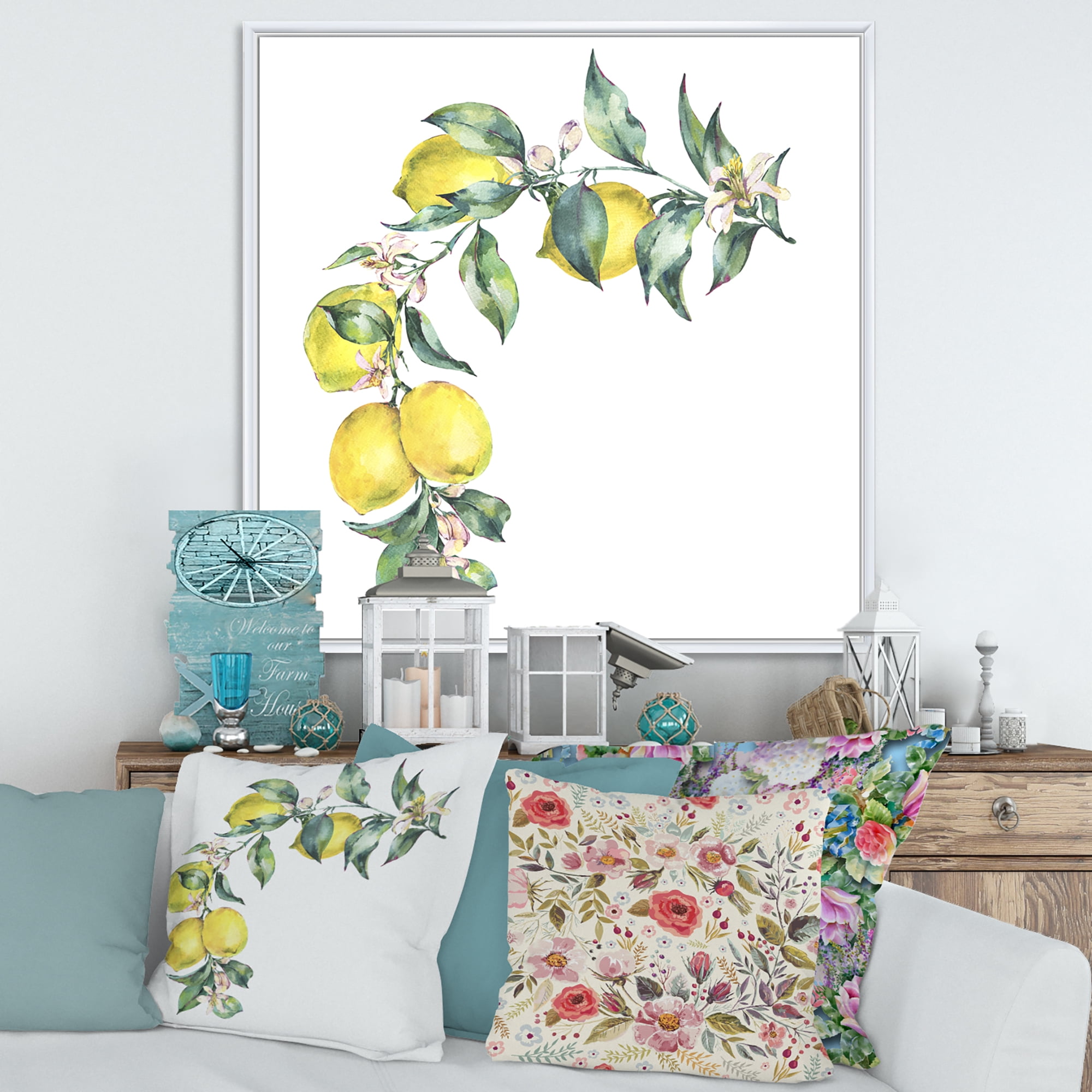 Designart 'Branch of Leaves and Yellow Lemons II' Tropical Framed Canvas Wall Art Print