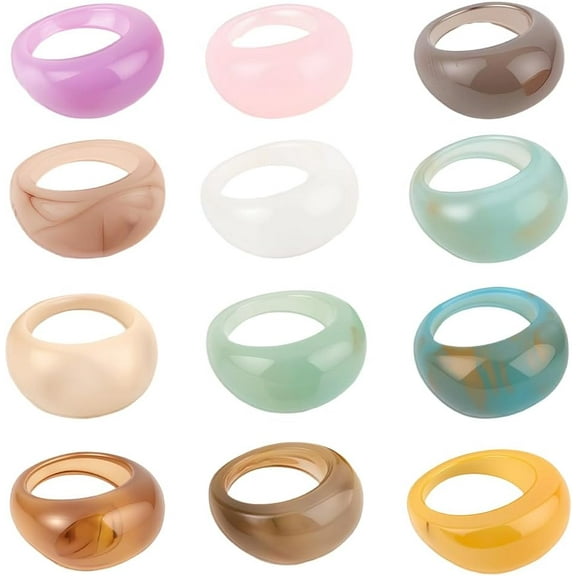 12Pcs 12 Colors Thick Dome Ring Resin Chunky Rings 1.3 Wide Colorful Vintage Stackable Elegant Statement Aesthetic Finger Joint Jewelry Set