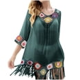 thumbnail image 3 of Tqyyweavej Dresses for Women Vintage Sheer 3/4 Length Sleeve Bathing Suit Coverups Solid Color Crewneck Swimsuit Cover Up with Tassels, 3 of 6