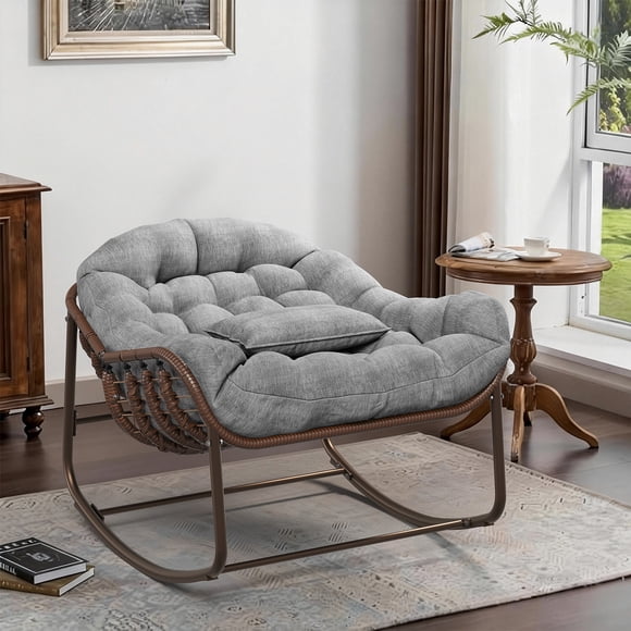 Papasan Egg Rocking Chair – Oversized Patio Wicker Rattan Outdoor Lounge – Water-Resistant Cushion – Heavy Duty Metal Frame, 450 lb – for Garden, Porch, Balcony & Living Room