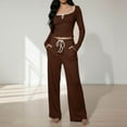 thumbnail image 2 of FRSASU Womens 2 Pieces Lounge Sets Crewneck Long Sleeve Wide Leg Drawstring Flared Pants Loose Fit Pajama Sets Brown, 2 of 5