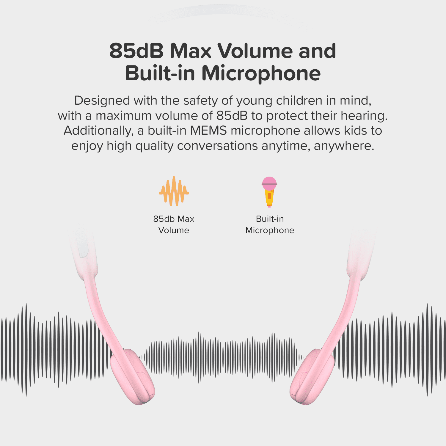 myFirst Airwaves Wireless Open-Ear Kids Headphones - Safe Listening, 18H Battery Life, New Pink
