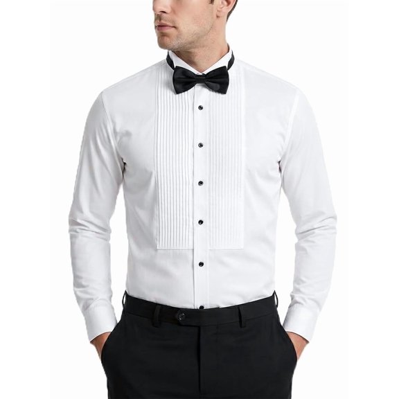 FAHIZO Men's White Tuxedo Shirt with Wing Collar, French Cuffs & Accessories