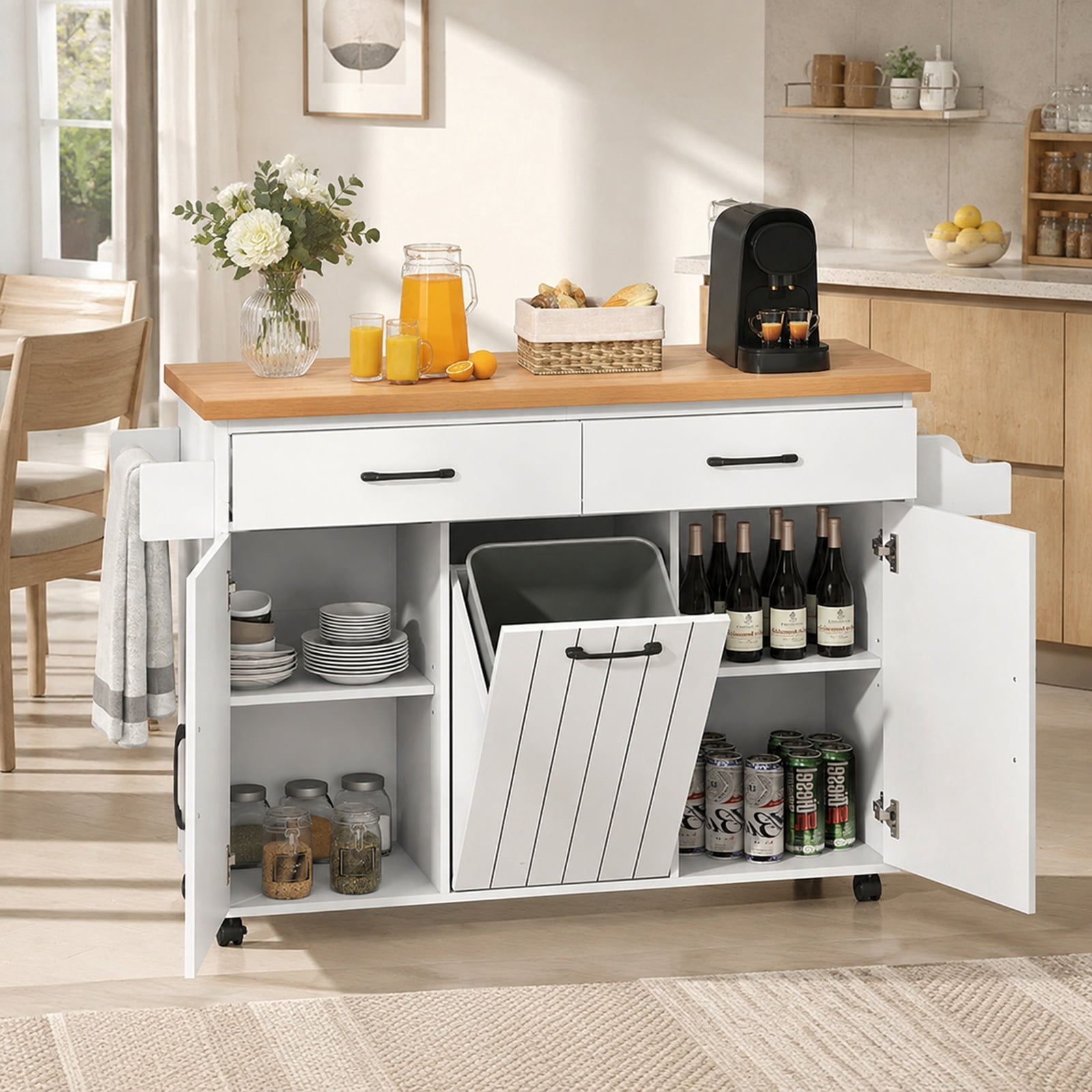 Furnibear Mobile Kitchen Island Table with Trash Bag Storage Adjustable Cabinets Spice Rack and Drawers for Dining Rooms, White