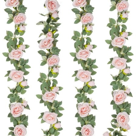 4Pcs(26 FT) Artificial Eucalyptus Garland with Flowers, Pink Fake Rose Gypsophila Flower Garlands for Decoration, Greenery Garland Hanging Vines for Room Wedding Backdrop