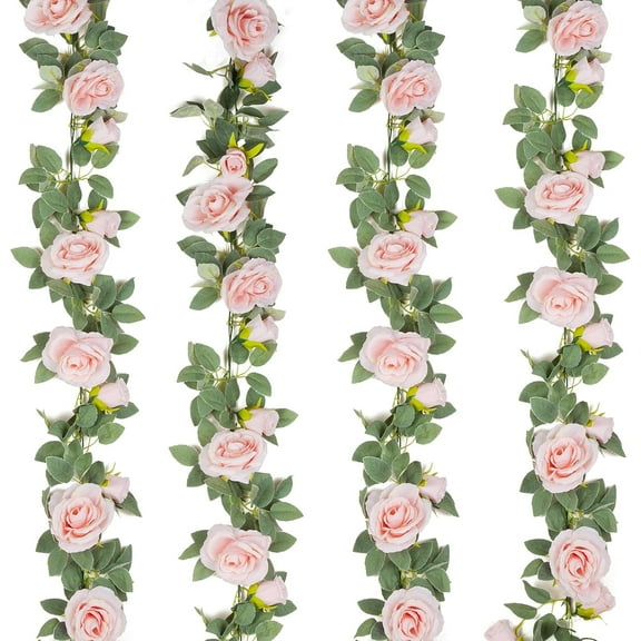 4Pcs(26 FT) Artificial Eucalyptus Garland with Flowers, Pink Fake Rose Gypsophila Flower Garlands for Decoration, Greenery Garland Hanging Vines for Room Wedding Backdrop
