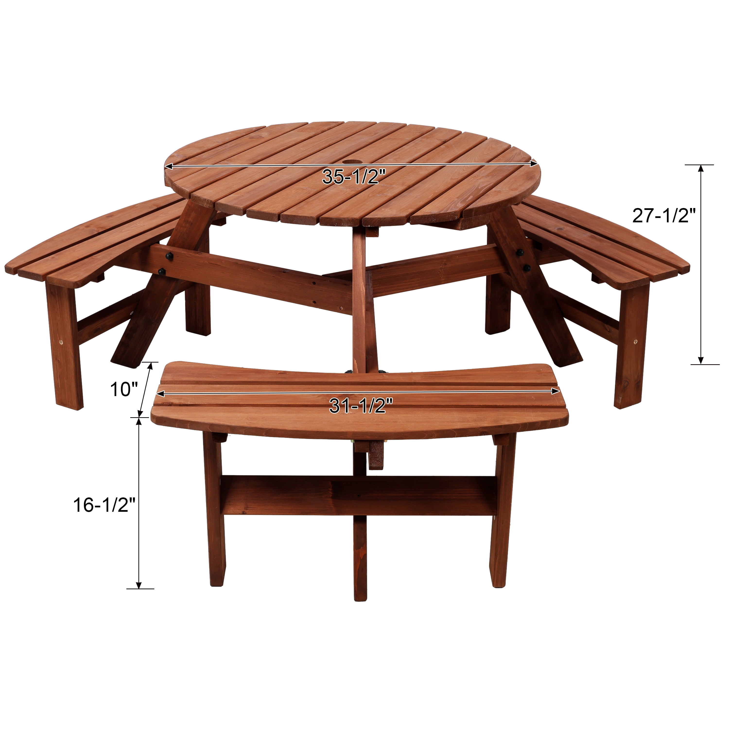Leumius 6-Person Outdoor Wooden Picnic Table with 3 Built-In Benches &Umbrella Hole,Circular Camping Dining Table for Garden Patio Backyard