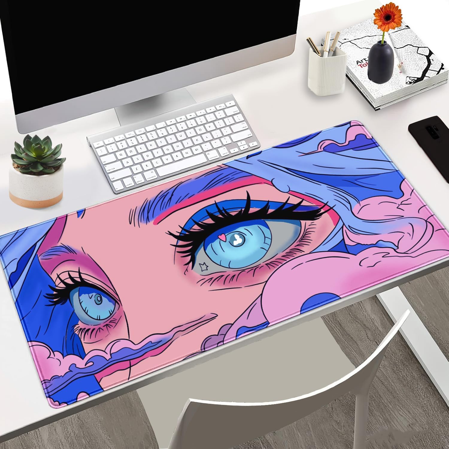 Anime Girl Loving Eye Desk Mat Desk Mat Pink Desk Pad Aesthetic Japanese Mouse Pad Large XXL Gaming Mousepad Computer Keyboard Mat Desk Matt for Desktop Office Decor Deskmat 31.5 X15.7In