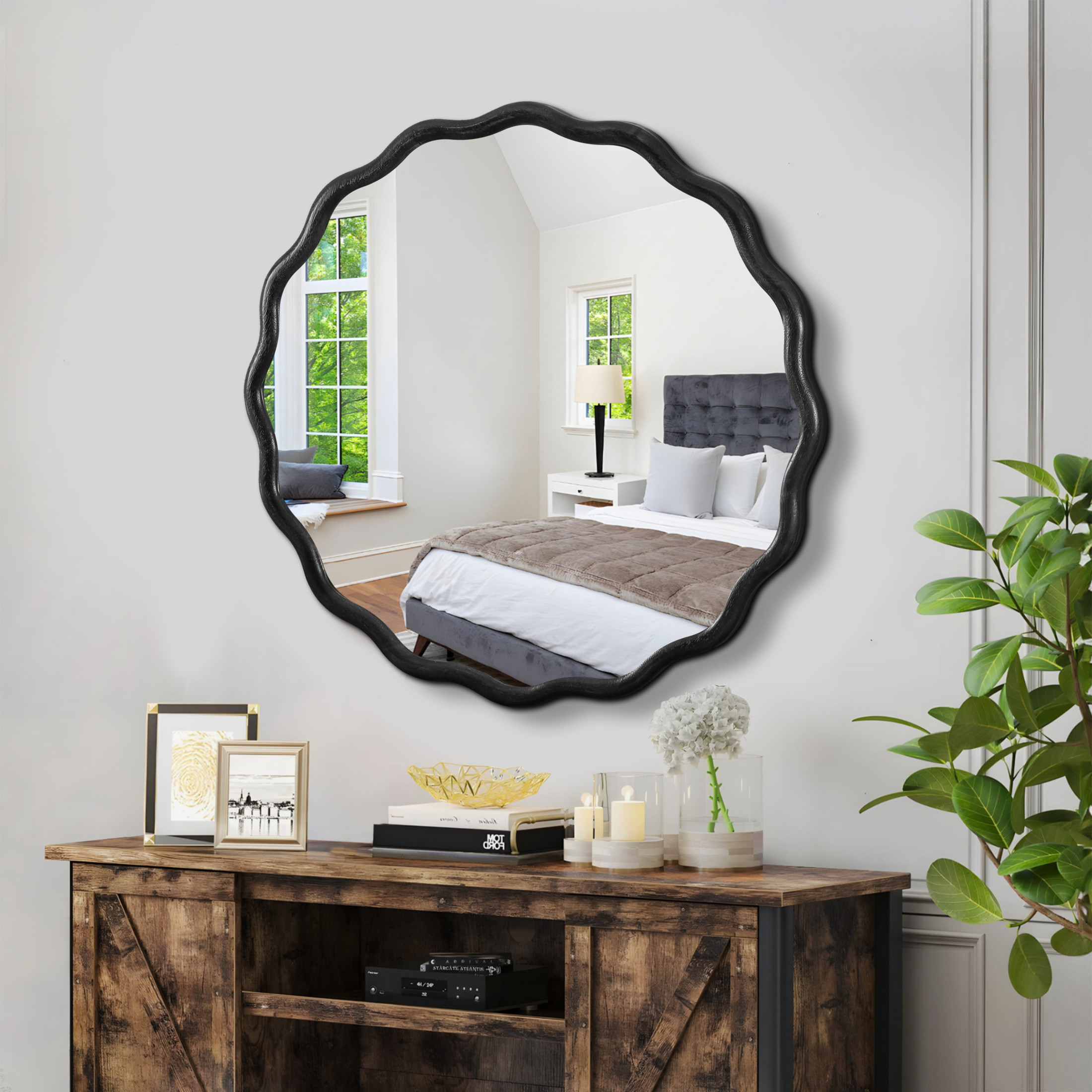 Noble House Wavy Solid Wood Vanity Mirror, Modern Wall Decor for Bathroom, Bedroom, or Entryway, Black