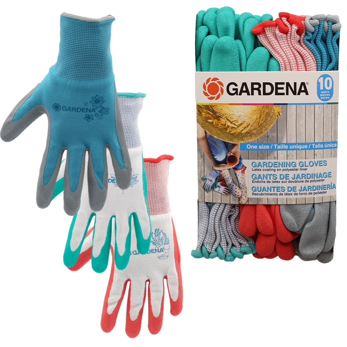 Gardena Gardening Gloves Latex Coating on Polyester Liner One Size 3 Pairs 