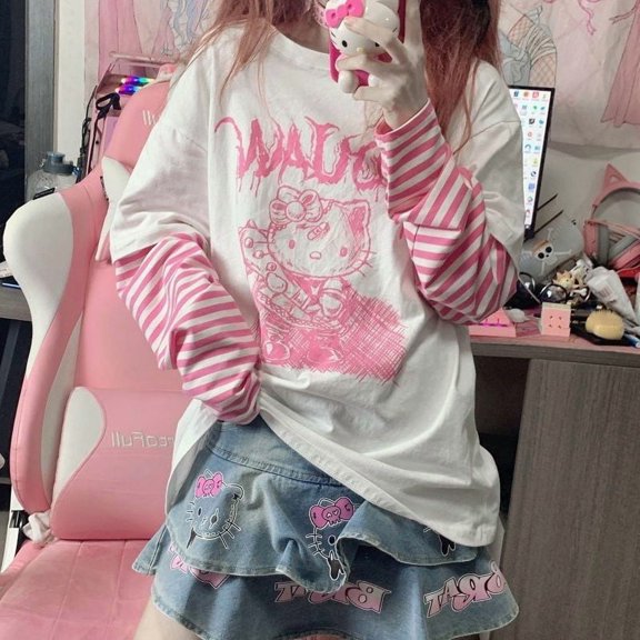 Y2K Hello Kitty Cute T-Shirt Fashion Loose Long Sleeved T-Shirt Trend Gifts