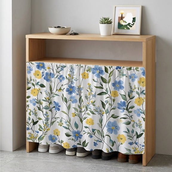 Blue Yellow Floral Spring Cabinet Curtain 35"Wx35"L,Dustproof Under Sink Skirt W/ Self Adhesive Tape,Summer Botanical Pastoral Green Cabinet Curtain Cover for Kitchen Sink,Bathroom Vanity