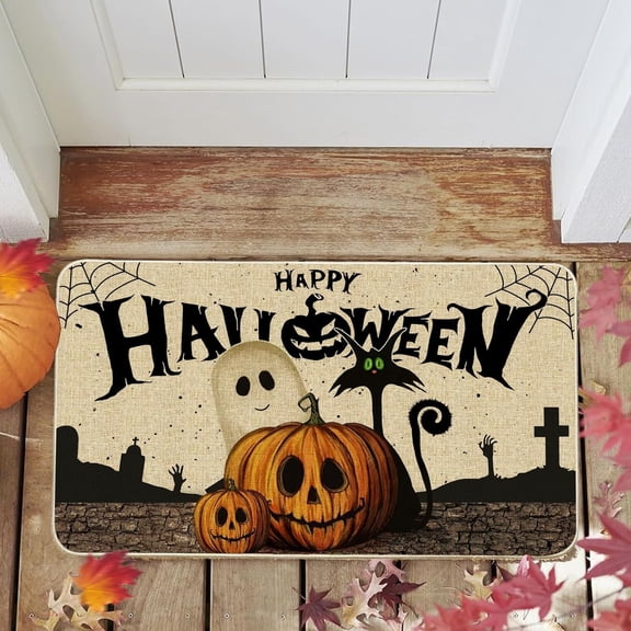 Halloween decoration kitchen mat cushion anti fatigue carpet, fun pumpkin ghost cat decoration, seasonal Halloween anti slip heavy-duty carpet floor and door mat, suitable for indoor and outdoor use